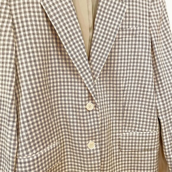 New Theory Oversized Linen Blend Plaid Blazer Ecru Black 2, XS $495 - Picture 6 of 12
